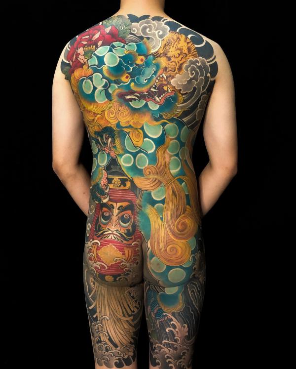 Japanese foo dog and dragon Horimono tattoo