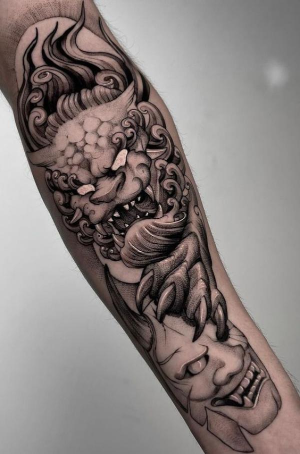 Japanese foo dog and oni tattoo