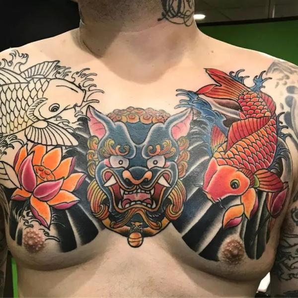 Japanese foo dog with lotus and koi fish tattoo