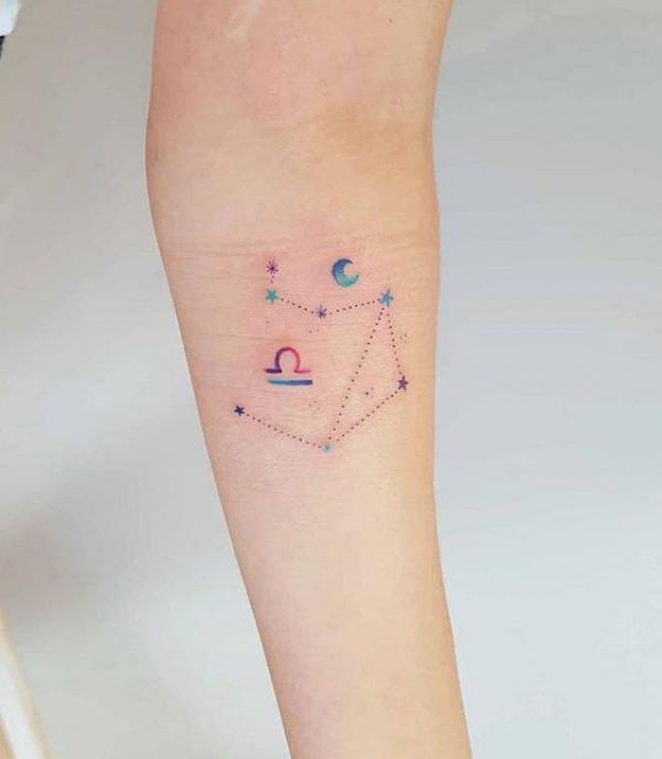 Libra sign and constellation with moon and stars tattoo