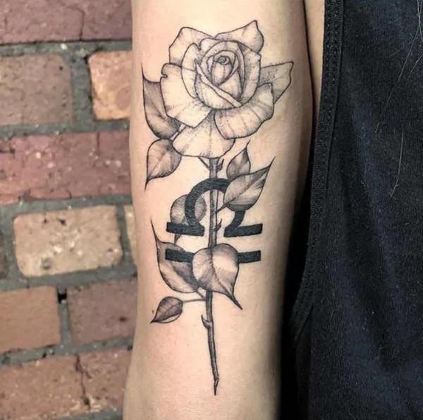 Libra sign with rose tattoo black and grey