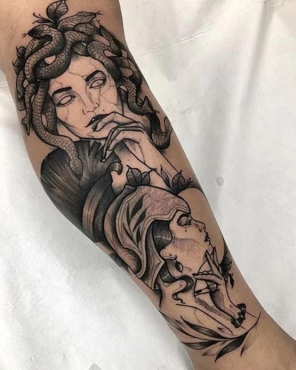Medusa and Athena forearm tattoo