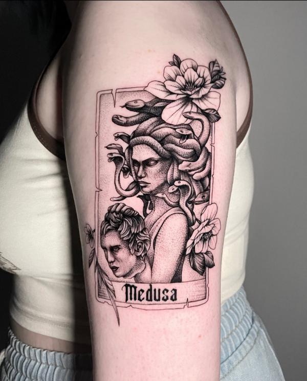 Medusa and Perseus stamp tattoo