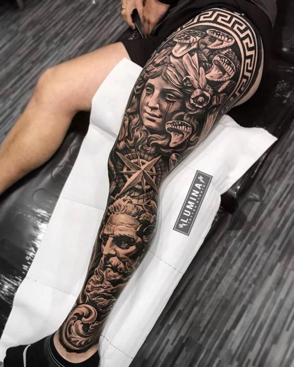 Medusa and Poseidon with compass leg tattoo sleeve