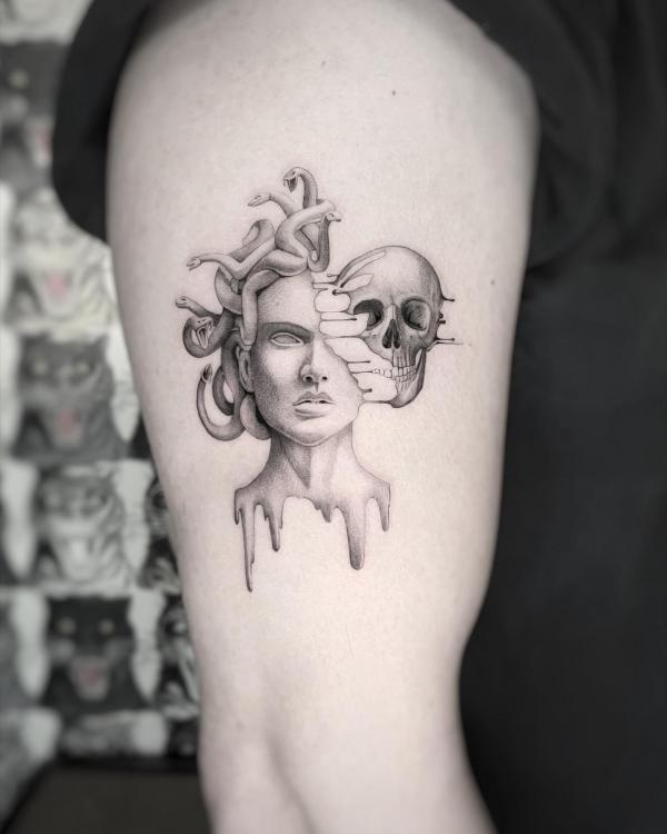 Medusa and skull tattoo black and grey