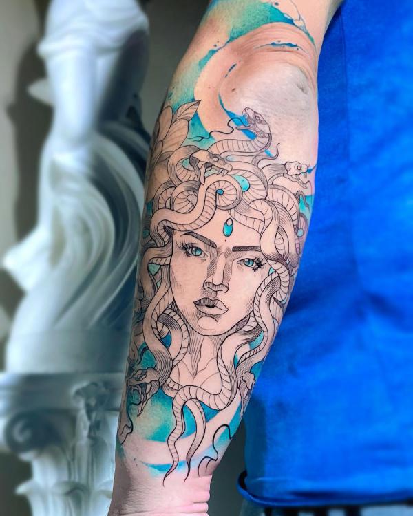 Medusa line work tattoo