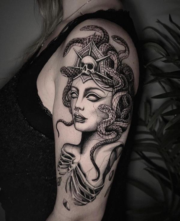 Medusa skeleton with snake and skull tattoo