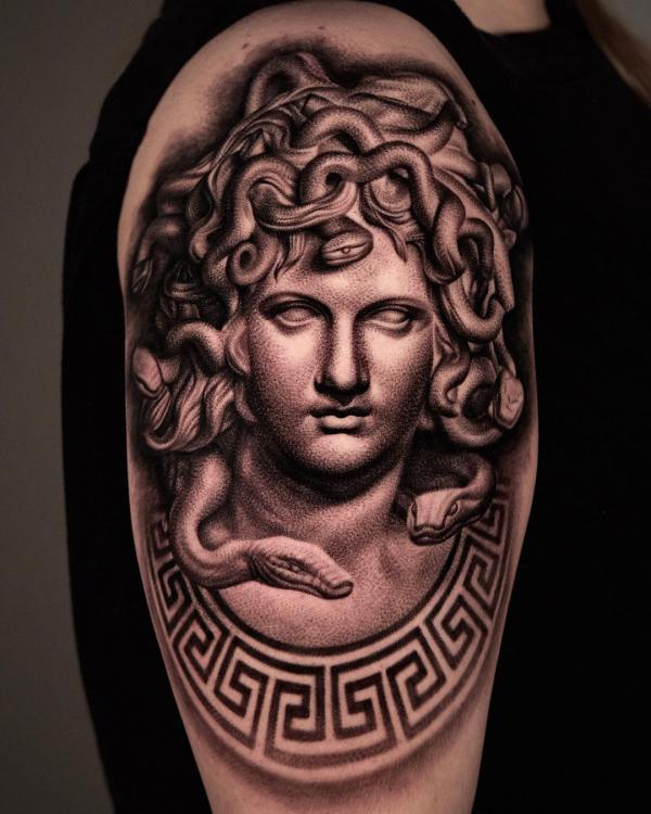 Medusa with Greek key shoulder tattoo