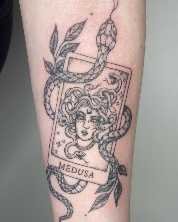 Medusa with snake card tattoo black and grey