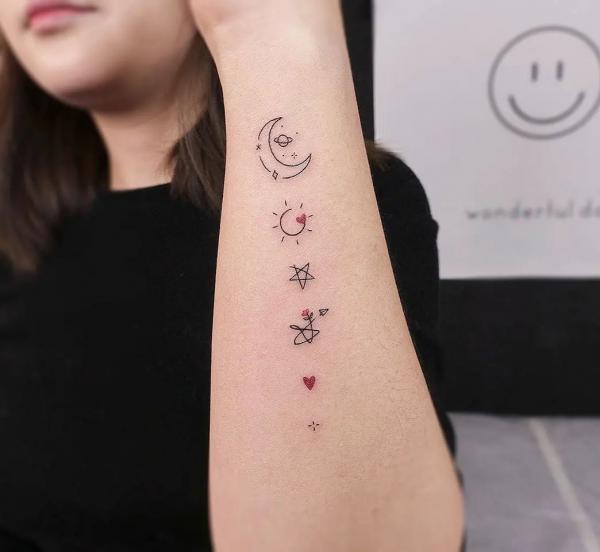 Moon sun stars with love symbols outline tattoo