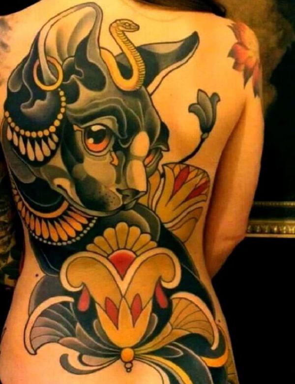 Neo traditional Bastet and Egyptian lotus tattoo on back