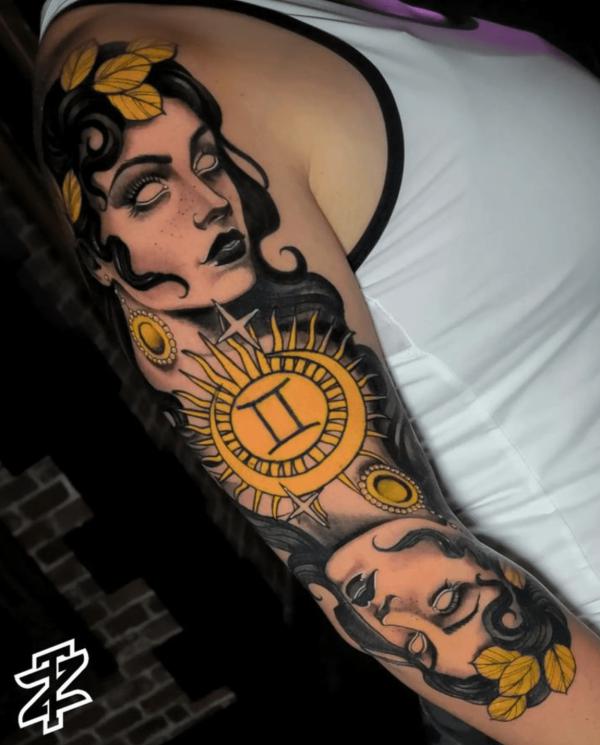 Neo traditional Gemini Twin tattoo sleeve