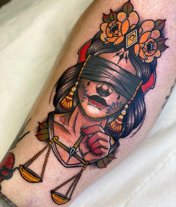 Neo traditional Libra lady with scales tattoo