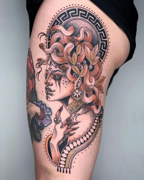 Neo traditional Medusa and Greek key tattoo on thigh