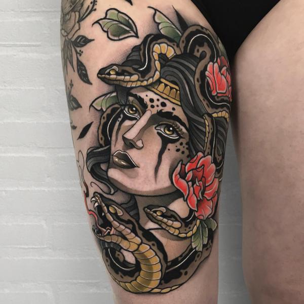 Neo traditional Medusa thigh tattoo