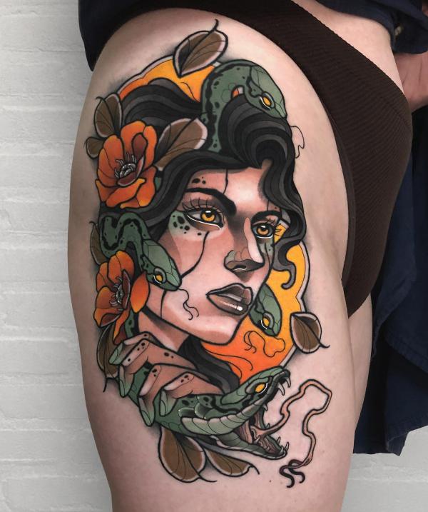 Neo traditional Medusa with flowers thigh tattoo