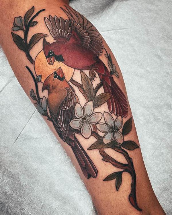 Neo traditional cardinal pair and dogwood flower tattoo