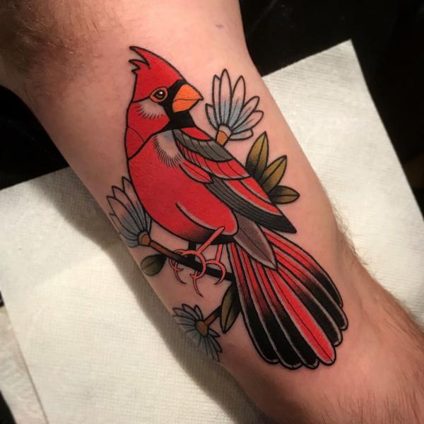 New school cardinal bicep tattoo