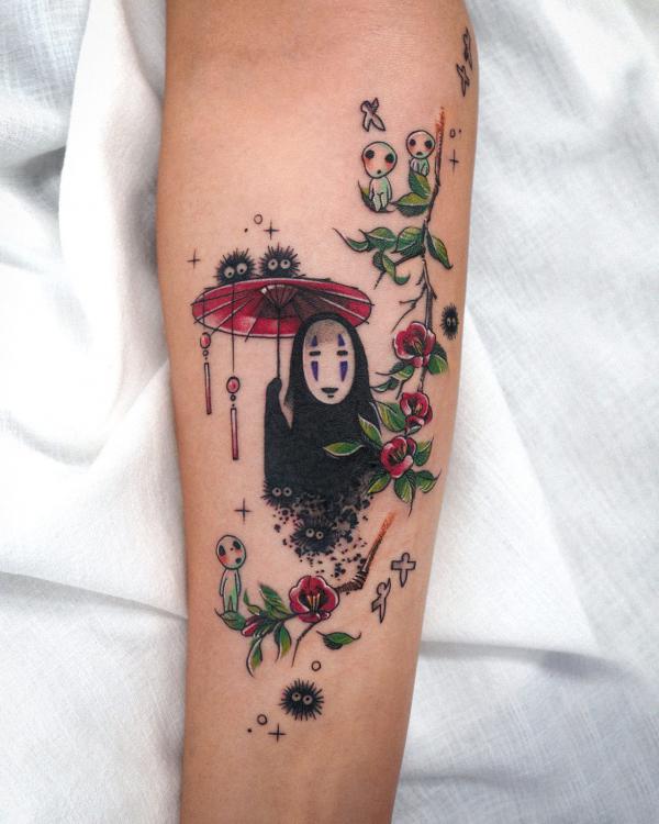 No Face and Kodama inner forearm tattoo