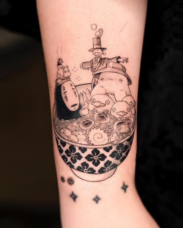 No Face and Radish Spirit in bowl tattoo