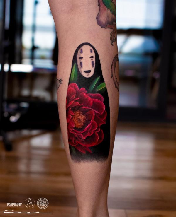 No Face and Red peony calf tattoo