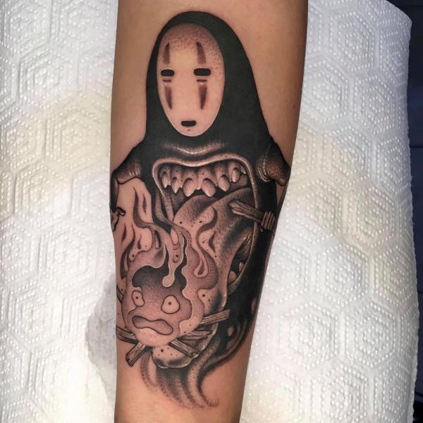 No Face and flaming Calcifer tattoo black and grey