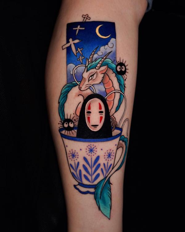 No Face in bowl with dragon tattoo