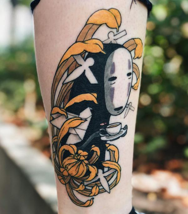 No Face in chrysanthemum leg tattoo