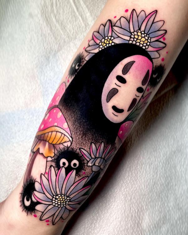 No Face with daisy and mushroom tattoo