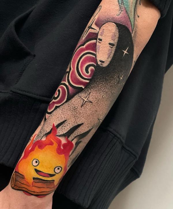 Noface and firing Calcifer forearm tattoo
