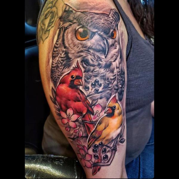 Owl with cardinal pair Tattoo