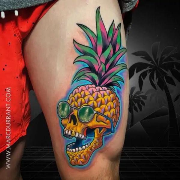 Pineapple Skull with glasses tattoo