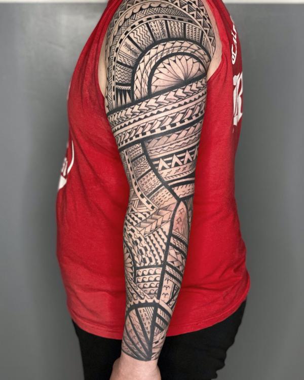 Polynesian tribal full sleeve tattoo
