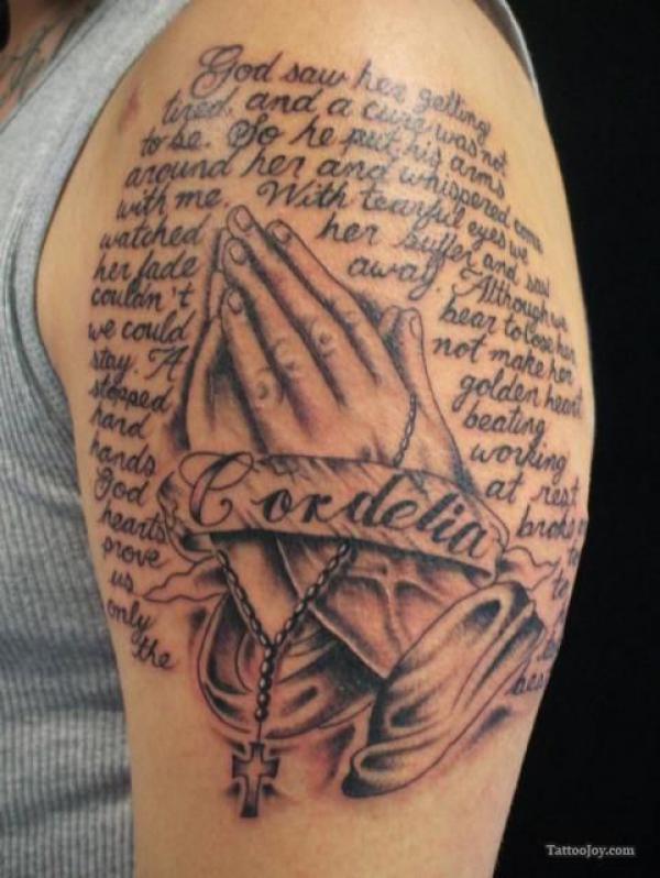 Praying hands with bible verse tattoo