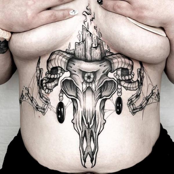 Ram skull Aries sternum tattoo