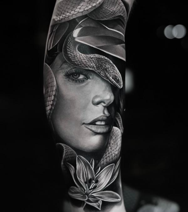 Realistic Medusa tattoo greyscale