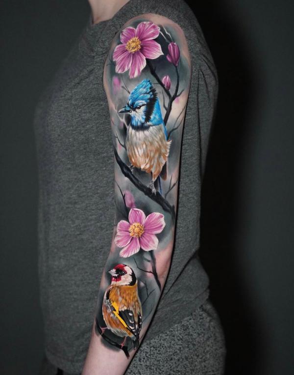 Realistic blue Jay and goldfinch tattoo sleeve