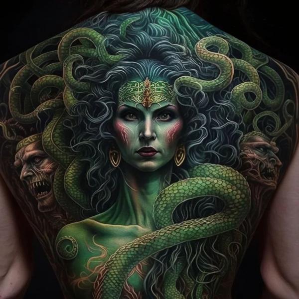 Realistic blue Medusa full tattoo