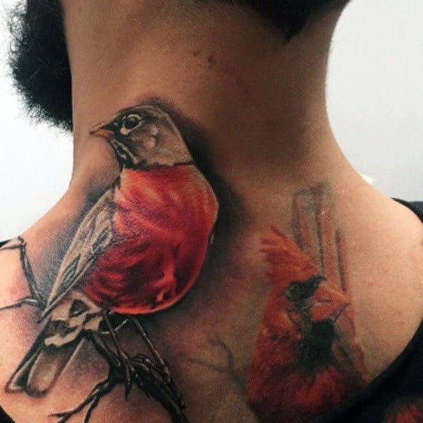 Realistic cardinal tattoo on back of neck