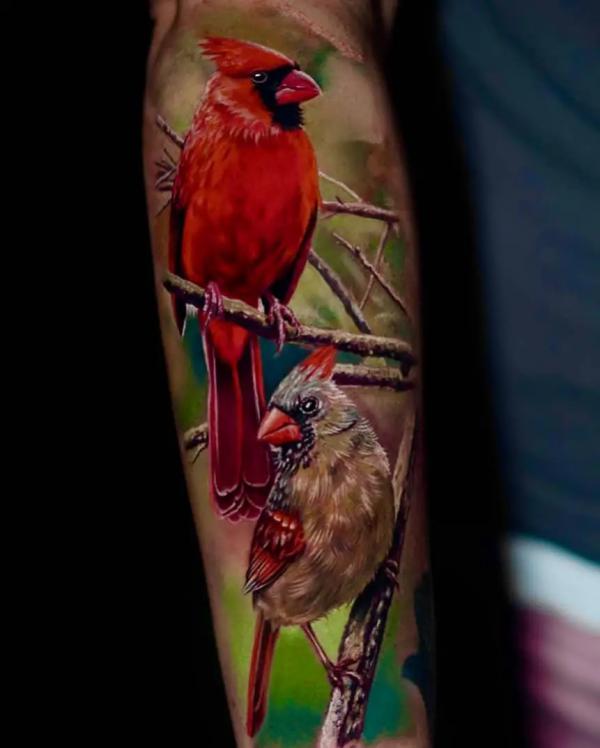 Realistic two cardinal forearm tattoo