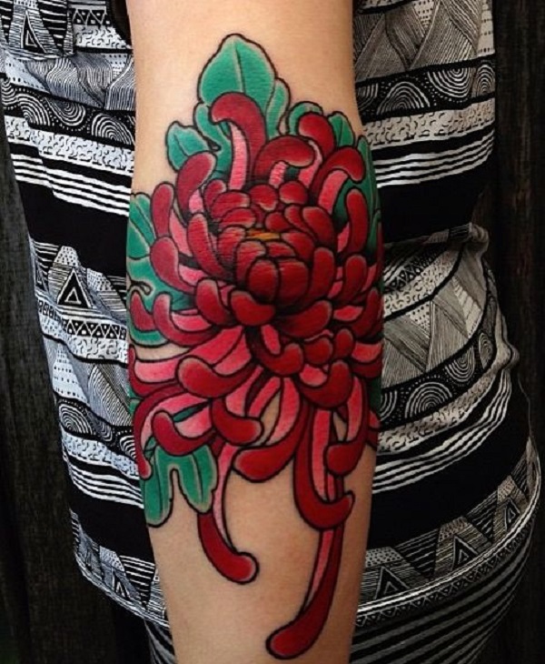 Red Chrysanthemum tattoo on elbow