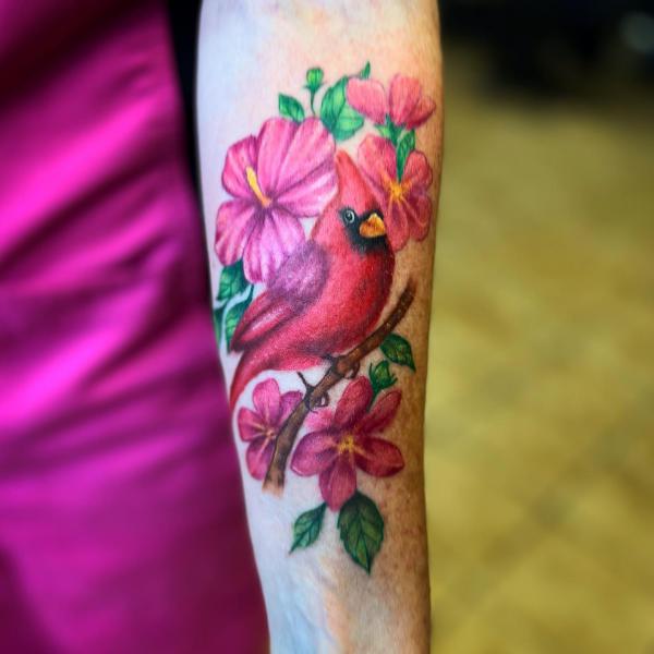 Red cardinal and flower tattoo