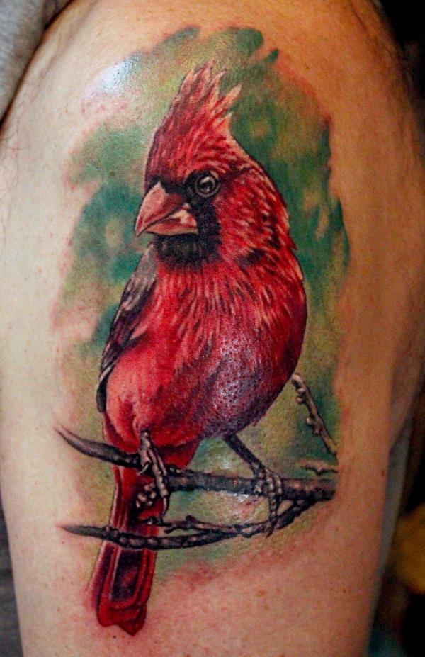 Red cardinal shoulder tattoo