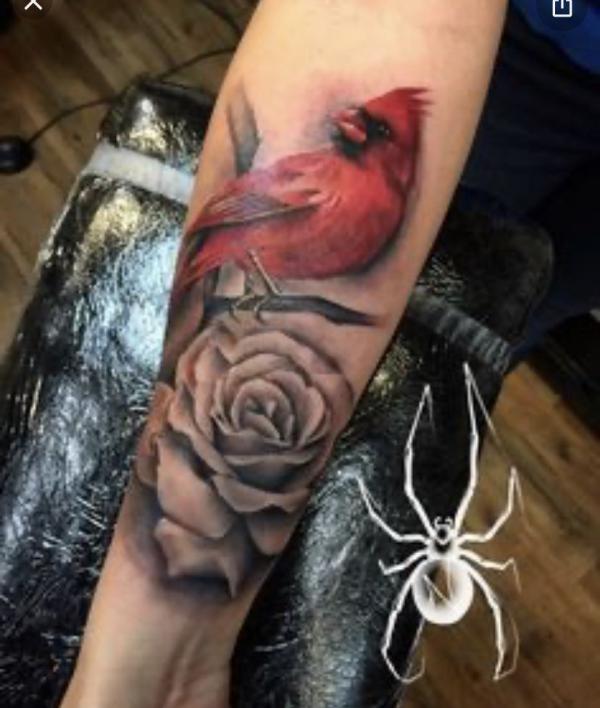 Red cardinal with rose tattoo black and grey