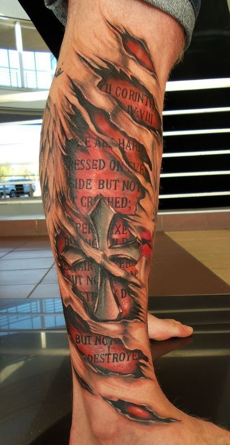 Ripped skin bible verse leg tattoo