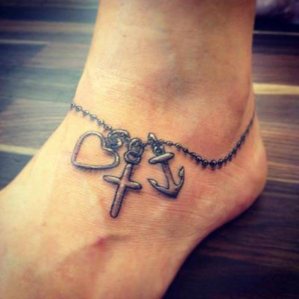Rosary with heart cross and anchor anklet tattoo