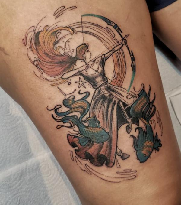 Sagittarius and pisces thigh tattoo