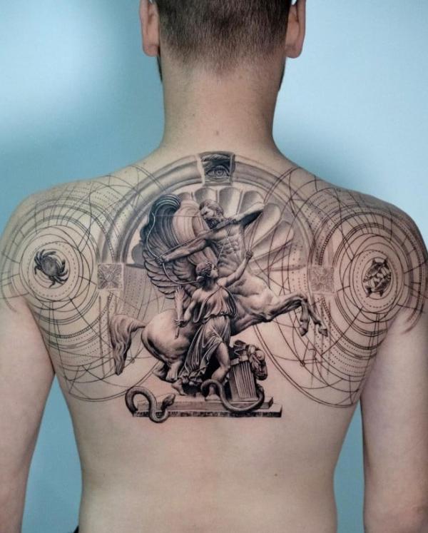 Sagittarius and virgo vs Cancer and Pisces Zodiac tattoo on back