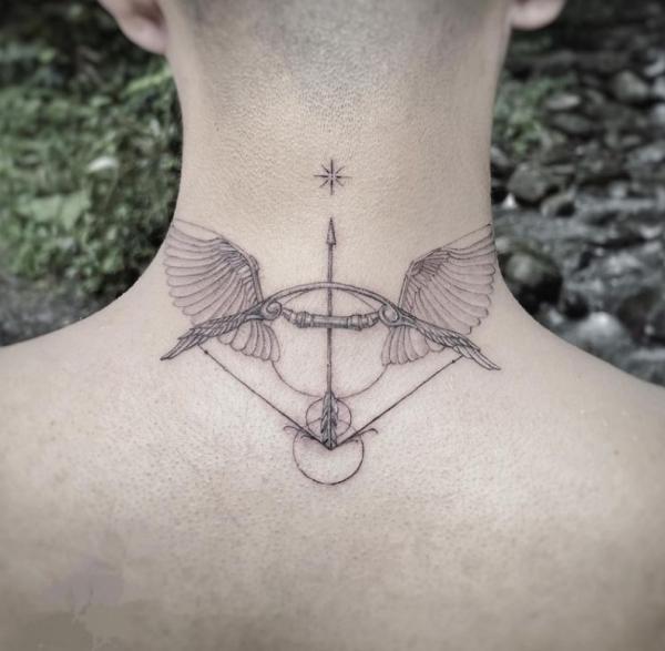 Sagittarius bow and arrow with wings neck tattoo