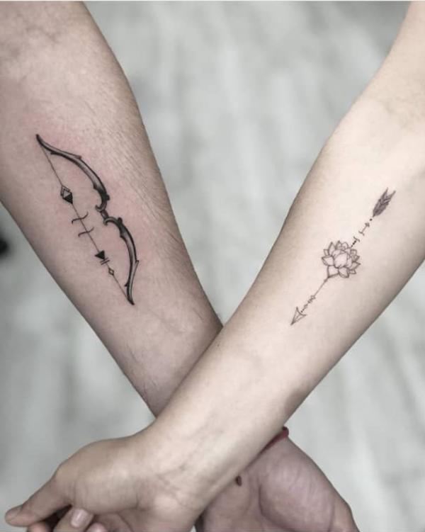 Sagittarius bow and lotus arrow matching tattoo
